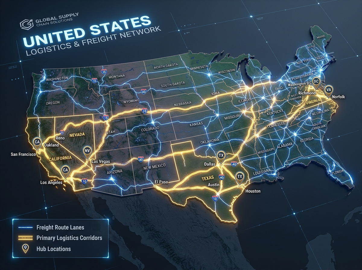Zewar Transport US freight routes and coverage map connecting California, Nevada, Texas, and Virginia